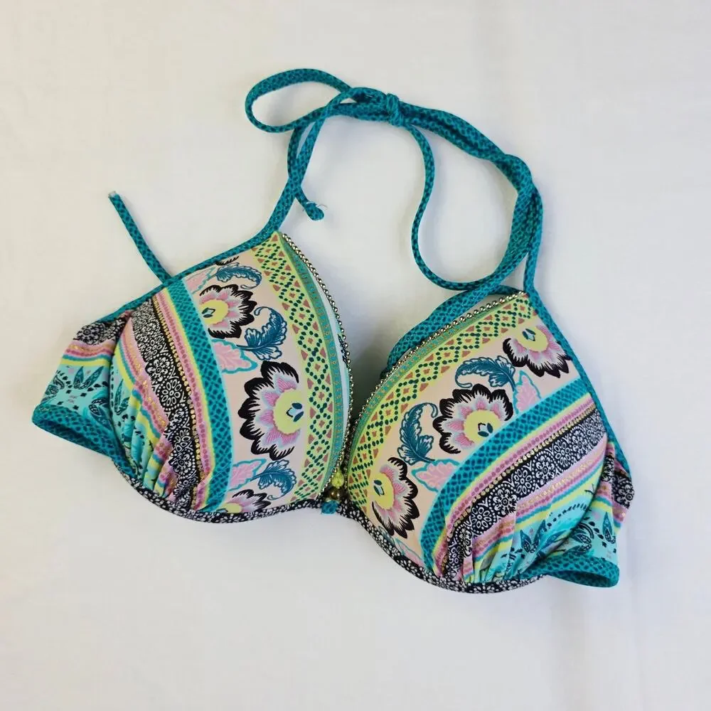 Shade & Shore Padded Bikini Top 34B Teal Paisley Tassel Underwire Boho Swim